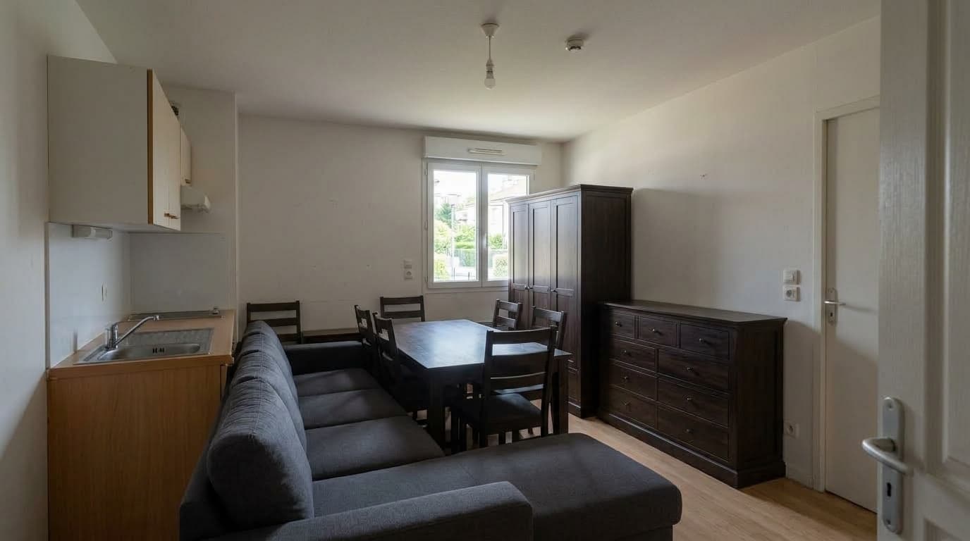 Le même séjour meublé avec du mobilier surdimensionné qui bloque la circulation