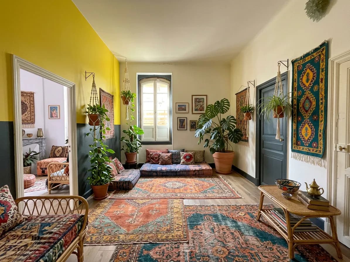 Salon meublé après home staging virtuel style bohème