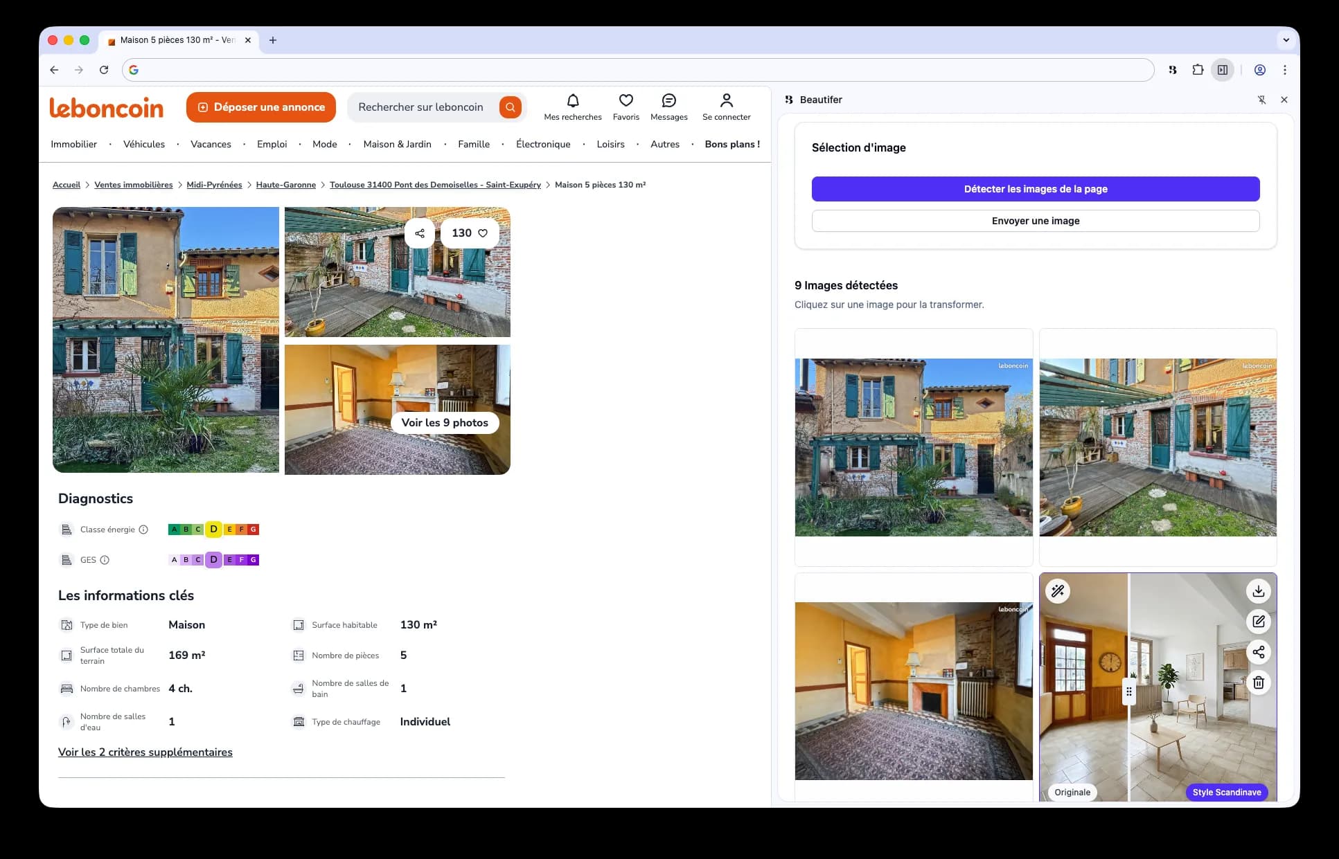Aperçu de l'extension Beautifer sur une annonce immobilière